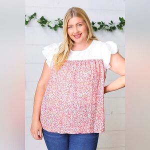 Coral & White Floral Embroidered Yoke Top